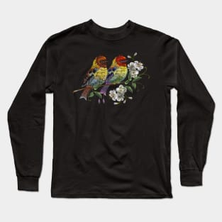 Two Bird Blossoming Cherry Embroidery Long Sleeve T-Shirt